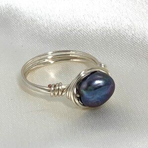 Genuine Black Pearl Ring Silver Tone Copper Wire & Black Pearl Order To Fit